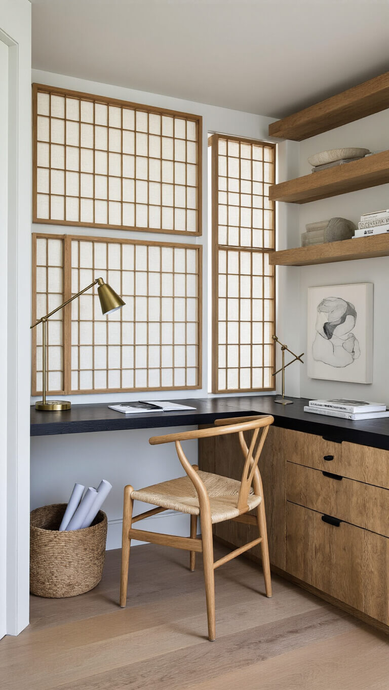 Home office alcove with floating blackened steel and reclaimed oak desk, Wegner wishbone chair, brass task lamp, abstract ink art, built-in oak shelves, and diffused afternoon light through paper screens.