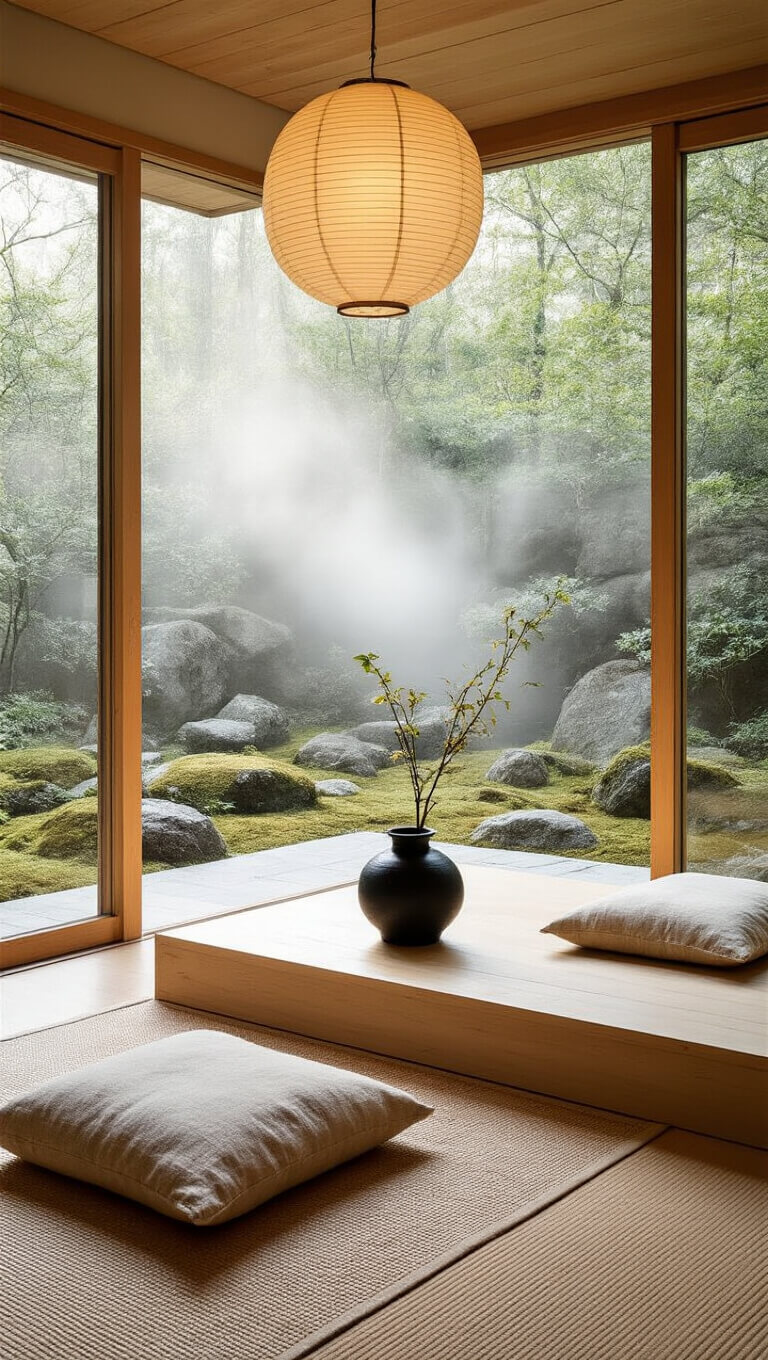 Meditation room with low pine platform, linen cushions, and ikebana arrangement, opening to misty rock garden through sliding glass panels.