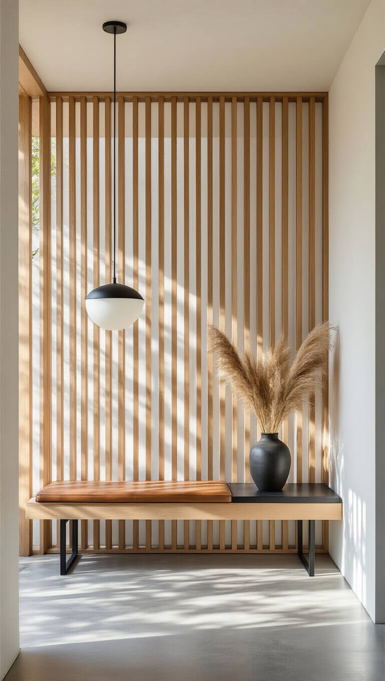 Modern entry foyer with concrete floors featuring oak insets, slatted wood screen casting afternoon shadows, blackened steel console holding pampas grass, pale oak bench with leather cushion, and black metal pendant light.