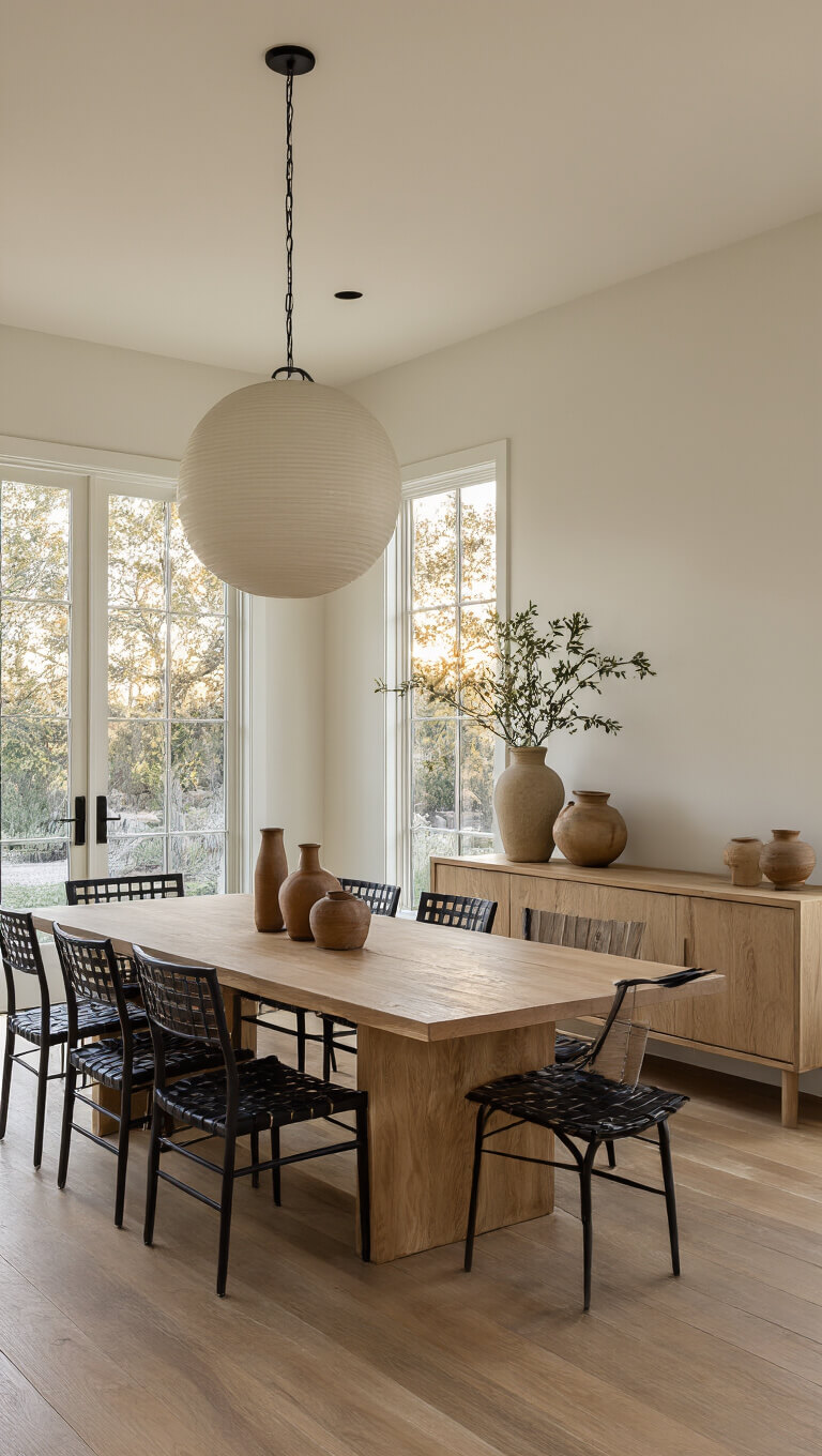 Warm-toned dining area with long oak table and black woven chairs, lit by golden hour light, featuring ceramic pendant and pale oak sideboard with pottery.