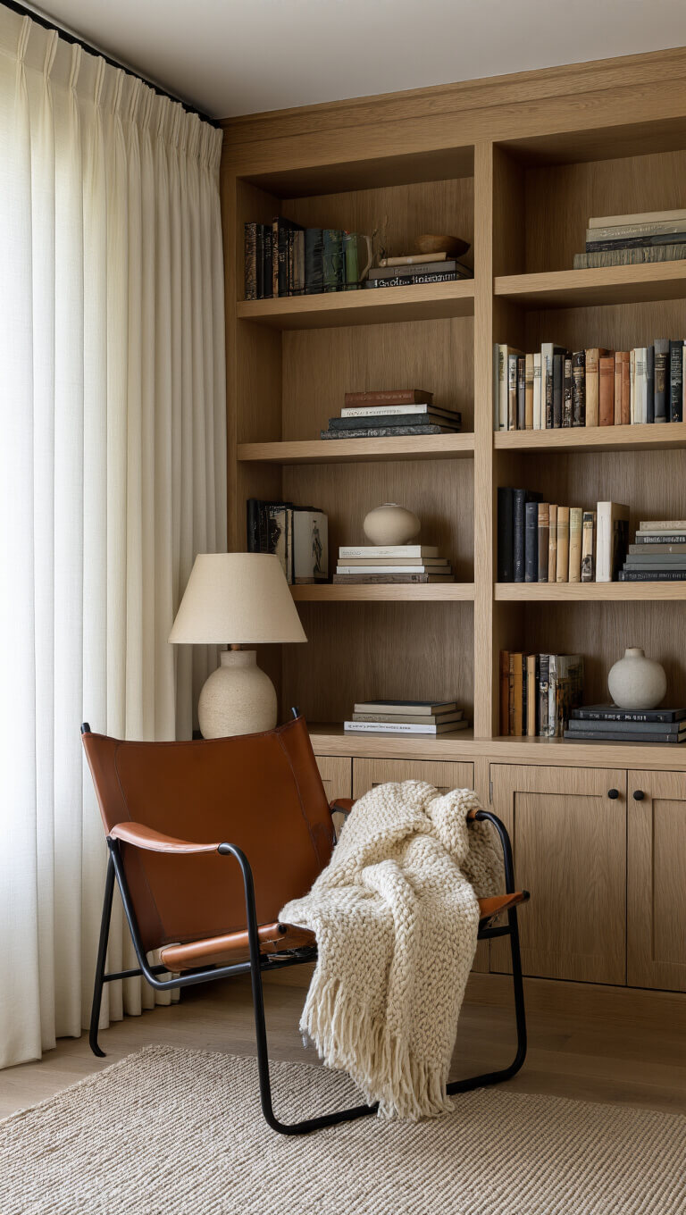 Cozy reading nook in compact library with oak shelves, cognac leather chair, cream wool throw, and soft morning light filtering through curtains.