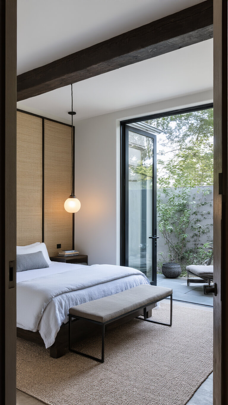 Guest suite with platform bed, white linens, and gray coverlet, viewed from doorway with dusk light and courtyard visible; features blackened steel side tables, frosted glass pendant lights, and natural grasscloth sliding panels.