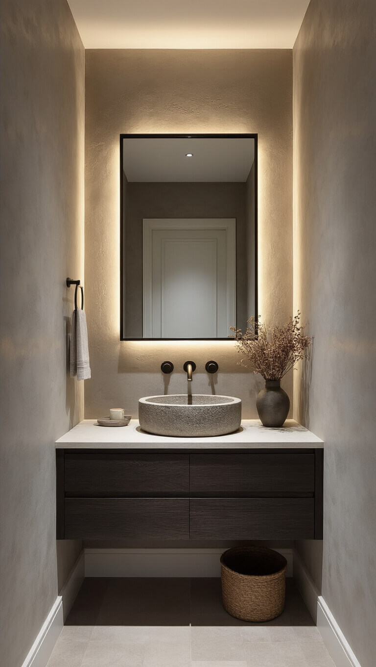 Elegant powder room with 10ft ceiling, warm gray plaster walls, floating dark oak vanity, stone vessel sink, floor-to-ceiling black-framed mirror, hidden LED lighting, and minimal brass fixtures.
