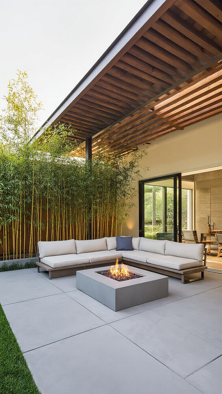 Covered 16x20ft outdoor living space with sliding glass walls, low-profile canvas sofa, concrete firepit table, bamboo privacy screen, and filtered late afternoon light.