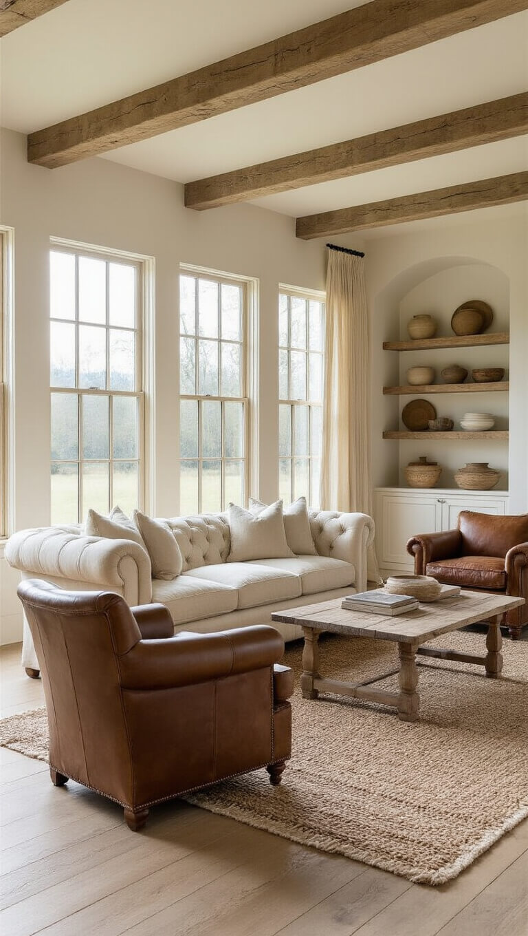 Golden hour farmhouse living room with cream Chesterfield sofa, leather armchairs, layered rugs, and beamed ceilings, bathed in warm natural light.