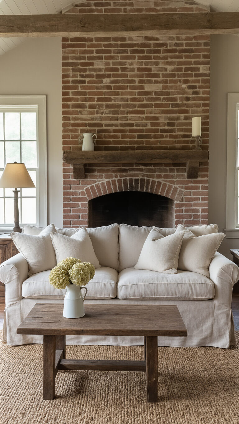 Cozy farmhouse sitting area with brick fireplace, linen sofa, and warm ambient lighting highlighting rustic textures and neutral tones.
