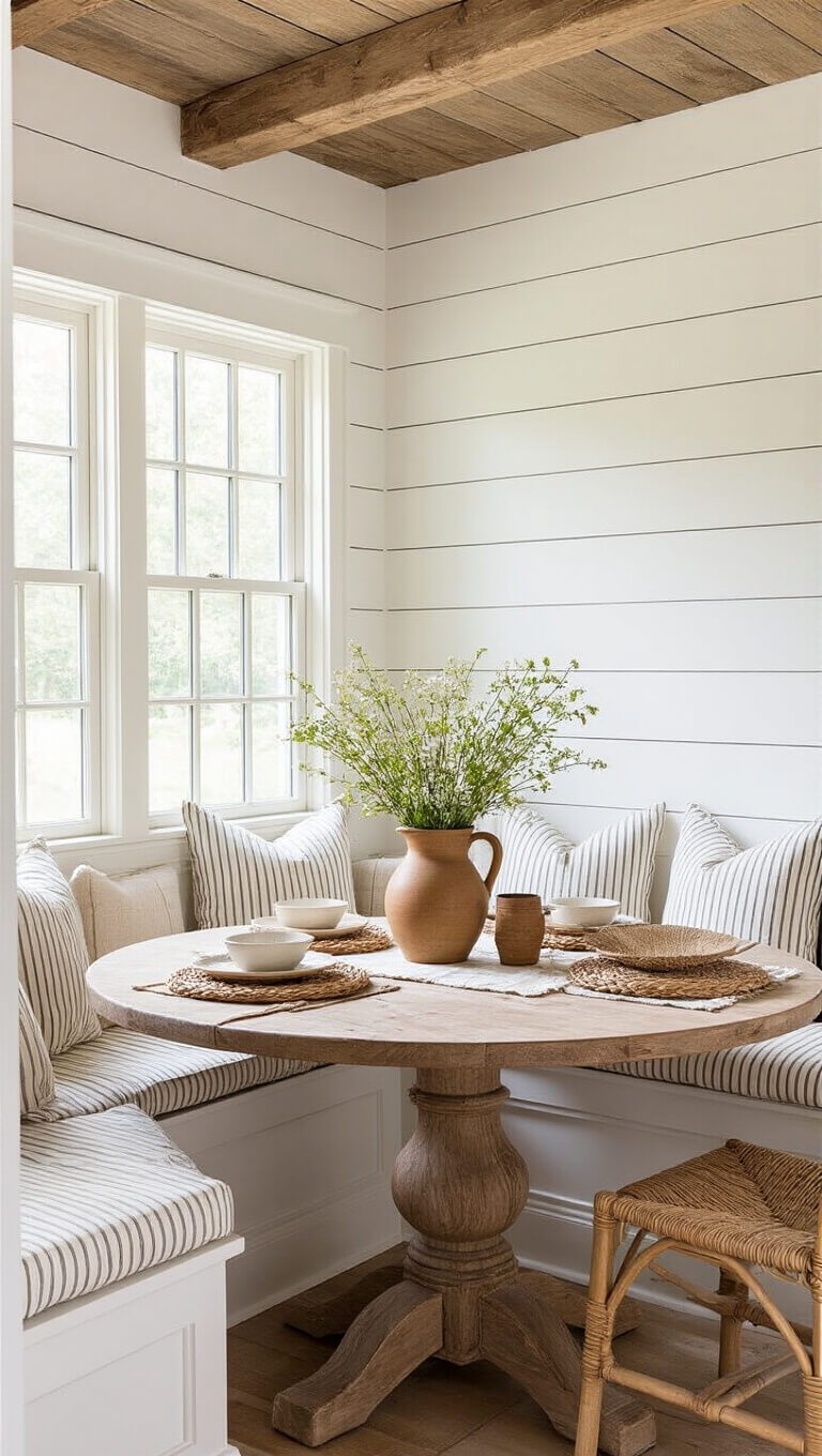 Bright breakfast nook with curved built-in bench, rustic round table styled with wildflowers and natural textures, lit by morning sunlight under exposed wooden beams.