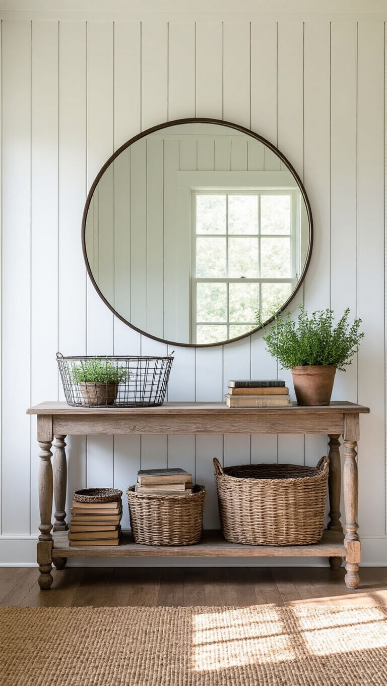 Farmhouse entryway with tall white board and batten walls, antique oak console, round iron mirror, and vintage decor in dramatic afternoon light.