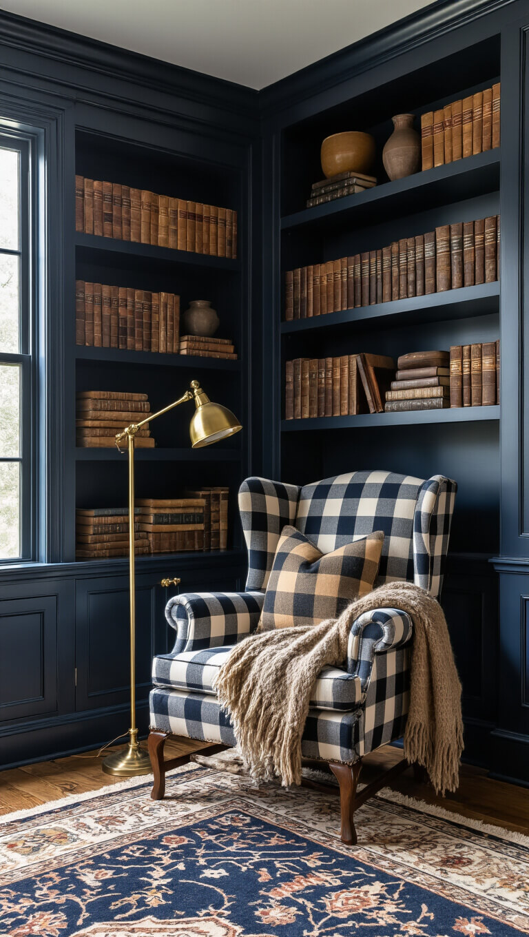 Cozy reading nook with charcoal built-in bookshelves, buffalo check wingback chair, brass lamp, and moody evening lighting.