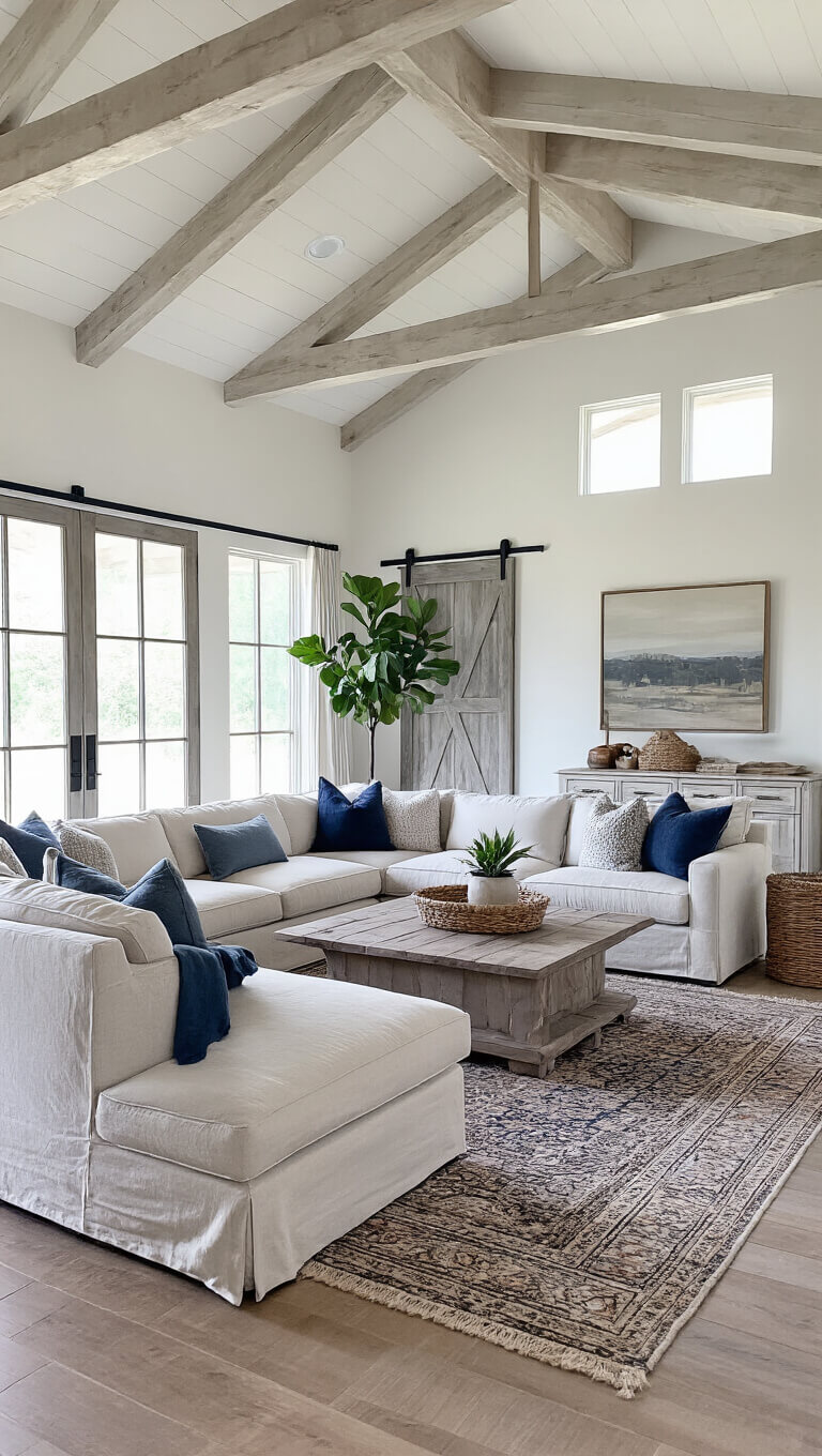 Spacious great room with high whitewashed truss ceilings, grey barn door, linen sectional on layered vintage rugs, and natural light highlighting neutral and indigo decor.