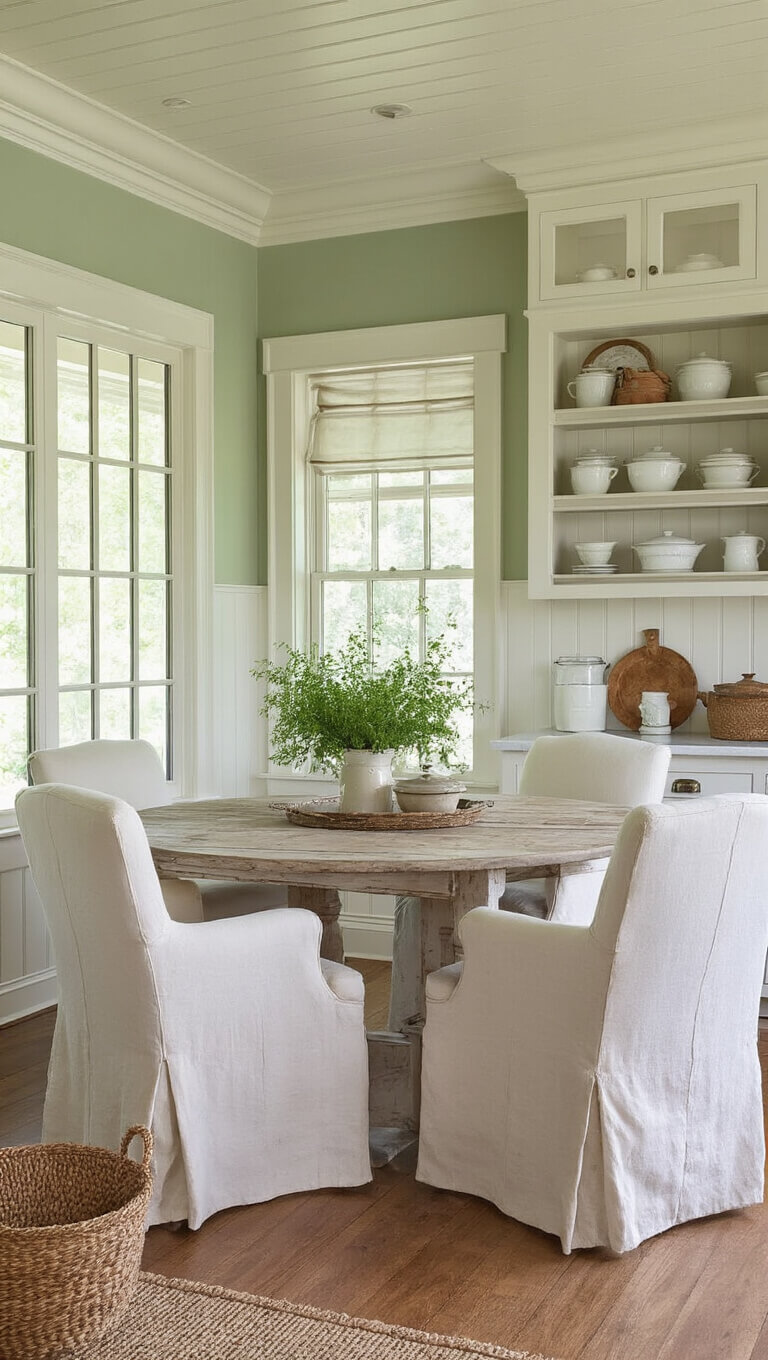 Cozy kitchen keeping room with ivory slipcovered chairs around a distressed farm table, sage green walls, beadboard ceiling, open shelving with ironstone, and vintage decor in soft morning light.
