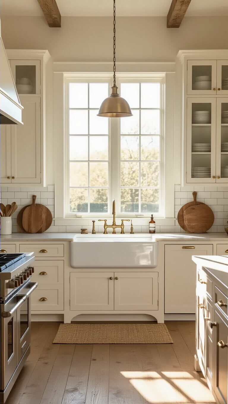 Sunlit farmhouse kitchen with white shaker cabinets, oak floors, and a central island under brass pendant lights at golden hour.