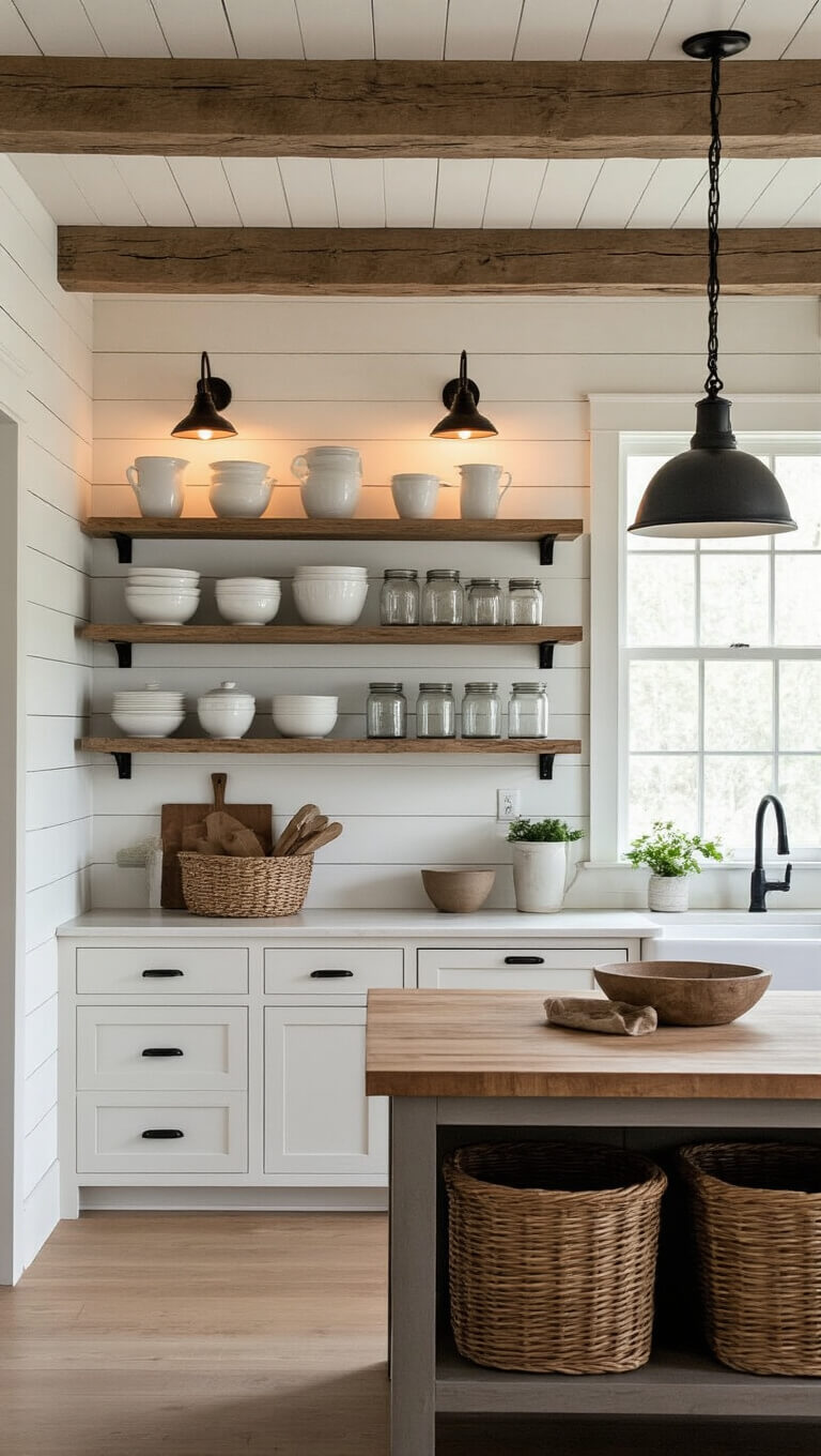Cozy farmhouse kitchen with exposed wooden beams, open shelving, and butcher block island, softly lit at dusk with iron sconces and natural light.
