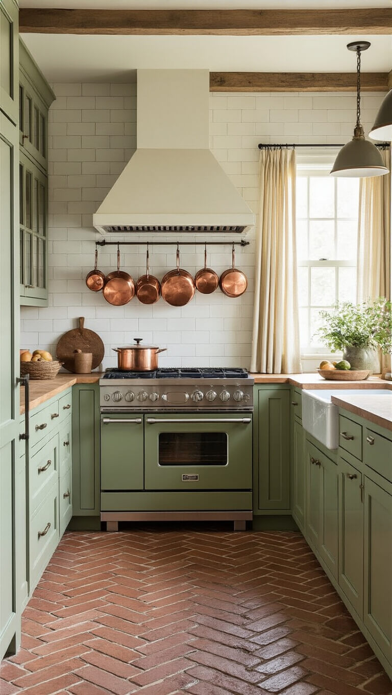 Low wide-angle view of a cozy farmhouse galley kitchen with herringbone brick floors, sage green cabinets, vintage range hood, and sunlight illuminating copper cookware hanging from a ceiling rack.