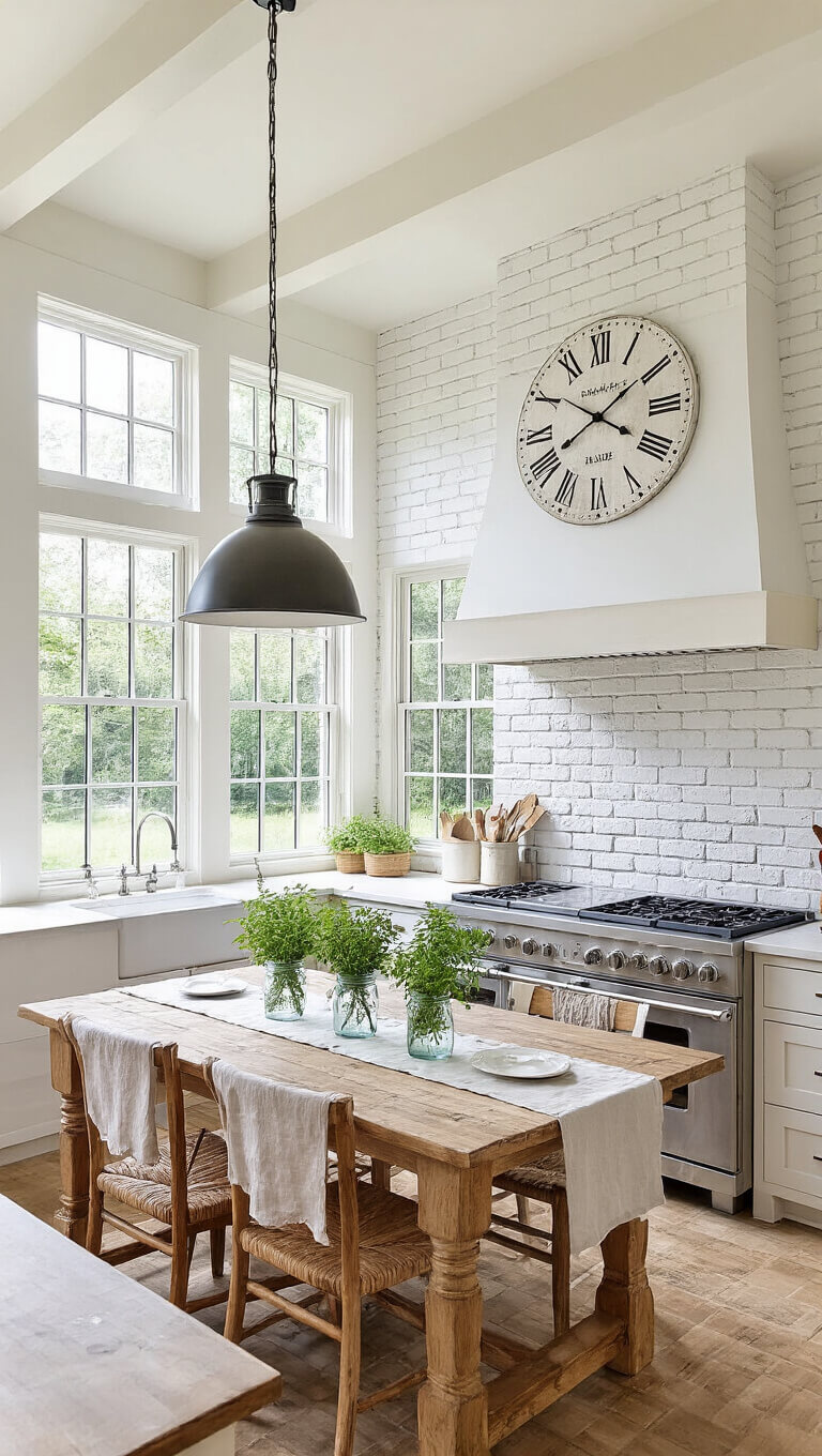 Open-concept farmhouse kitchen with double-height windows, whitewashed brick wall, farmhouse table with herbs in jars, and warm natural lighting.