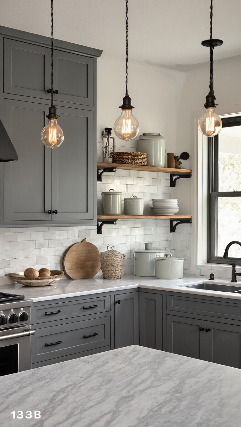 Moody modern farmhouse kitchen with dove gray cabinets, black hardware, Edison bulb lighting, and vintage enamelware on floating shelves.