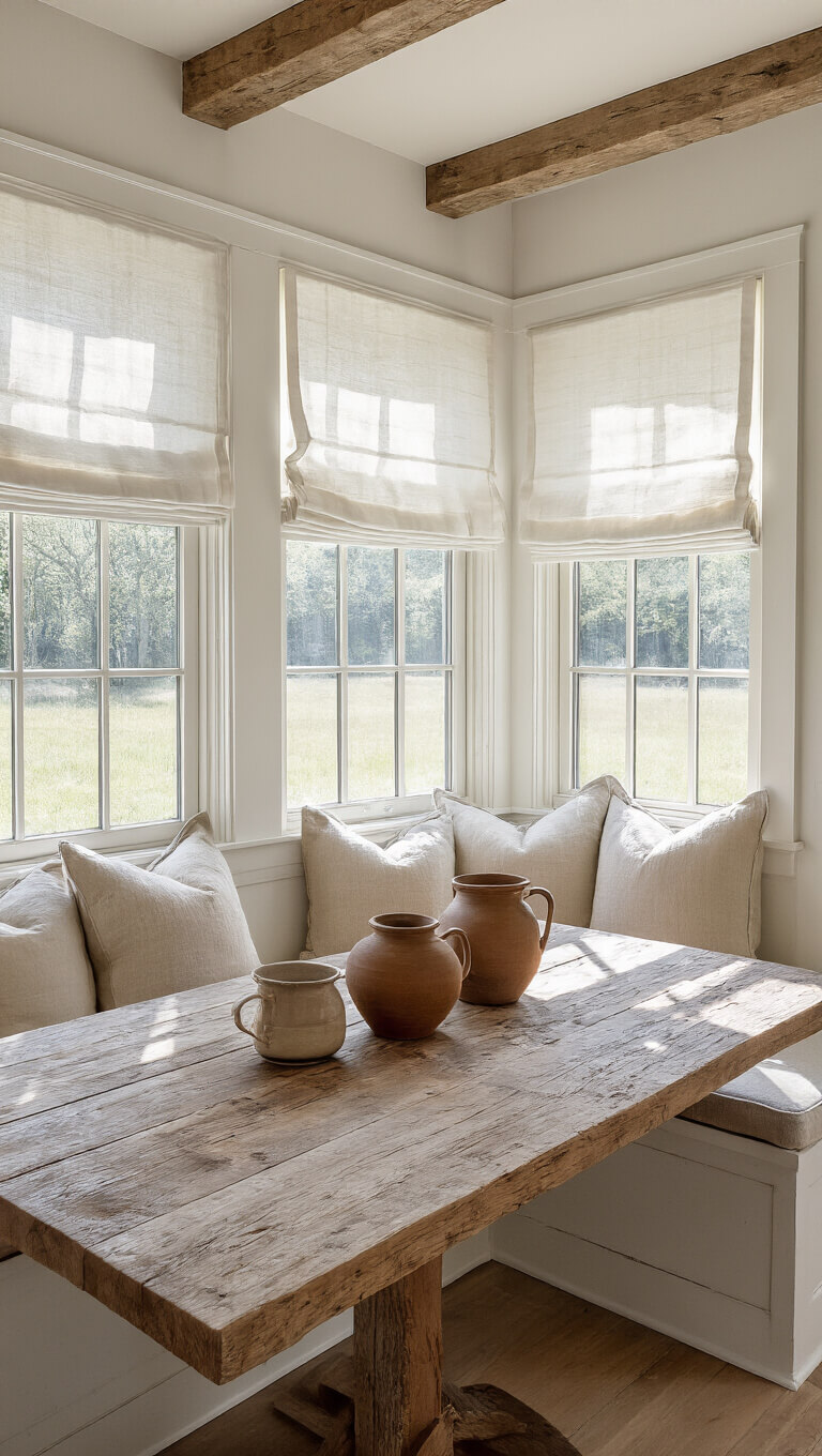 Rustic farmhouse breakfast nook with reclaimed wood table, grain sack pillows, and earthenware pottery in morning light.