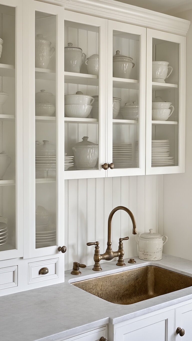 Macro view of farmhouse-style butler's pantry with glass cabinets, vintage silver, beadboard backsplash, and antiqued brass sink in soft natural light.