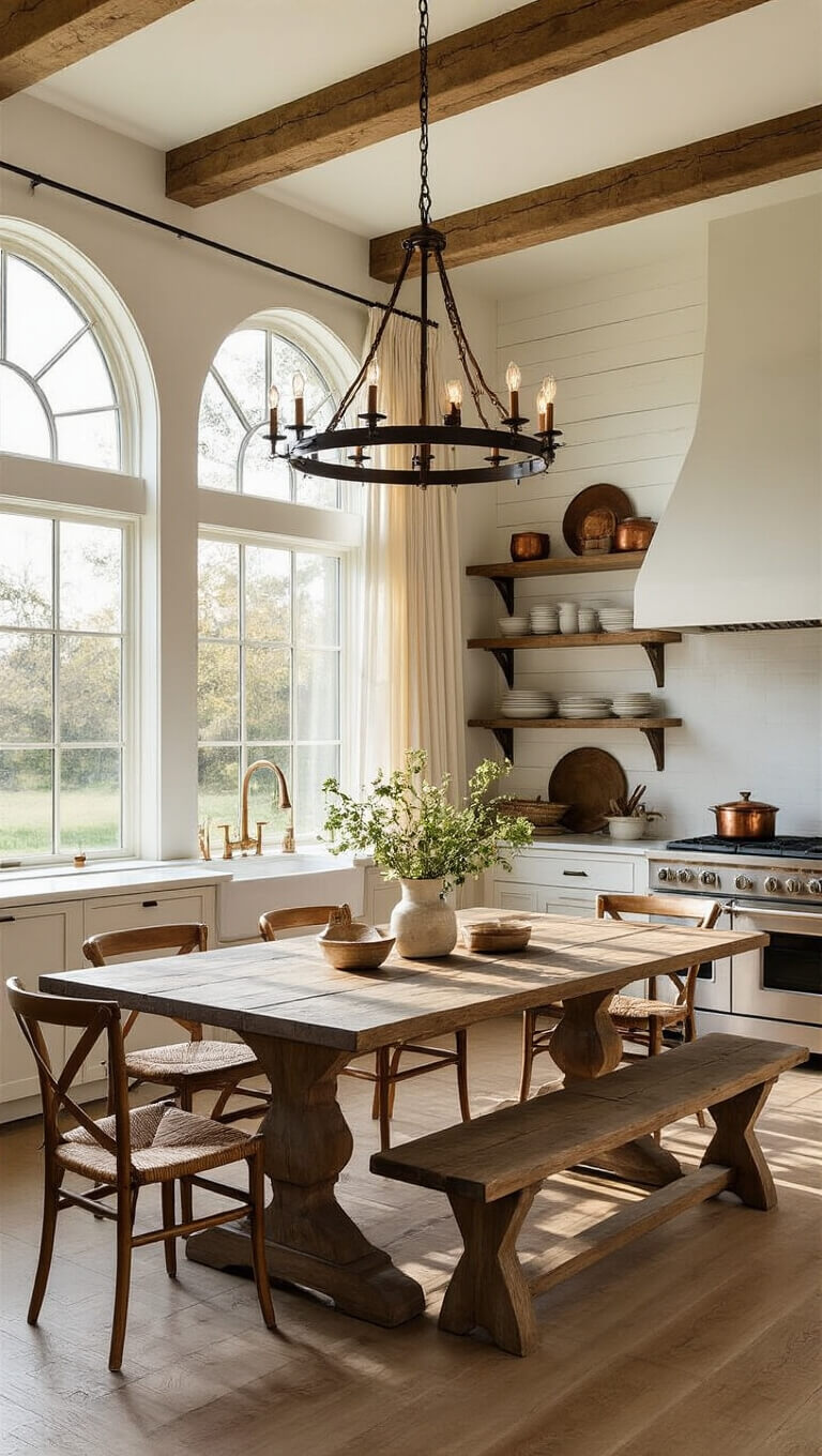 Sunlit farmhouse kitchen-dining room with oak table, exposed beams, bronze chandelier, and vintage copper accents.