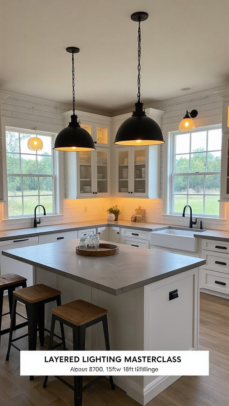 Modern farmhouse kitchen with layered lighting, featuring black iron pendant, mason jar sconces, and warm under-cabinet LED strips, highlighting white cabinetry and concrete countertops.