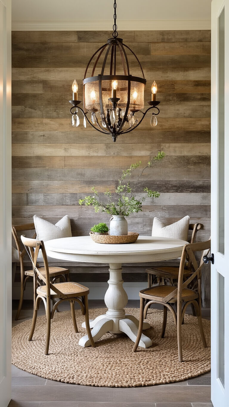 Rustic breakfast nook with reclaimed wood wall, distressed metal chandelier, round white pedestal table, cross-back chairs, and jute rug in morning light.