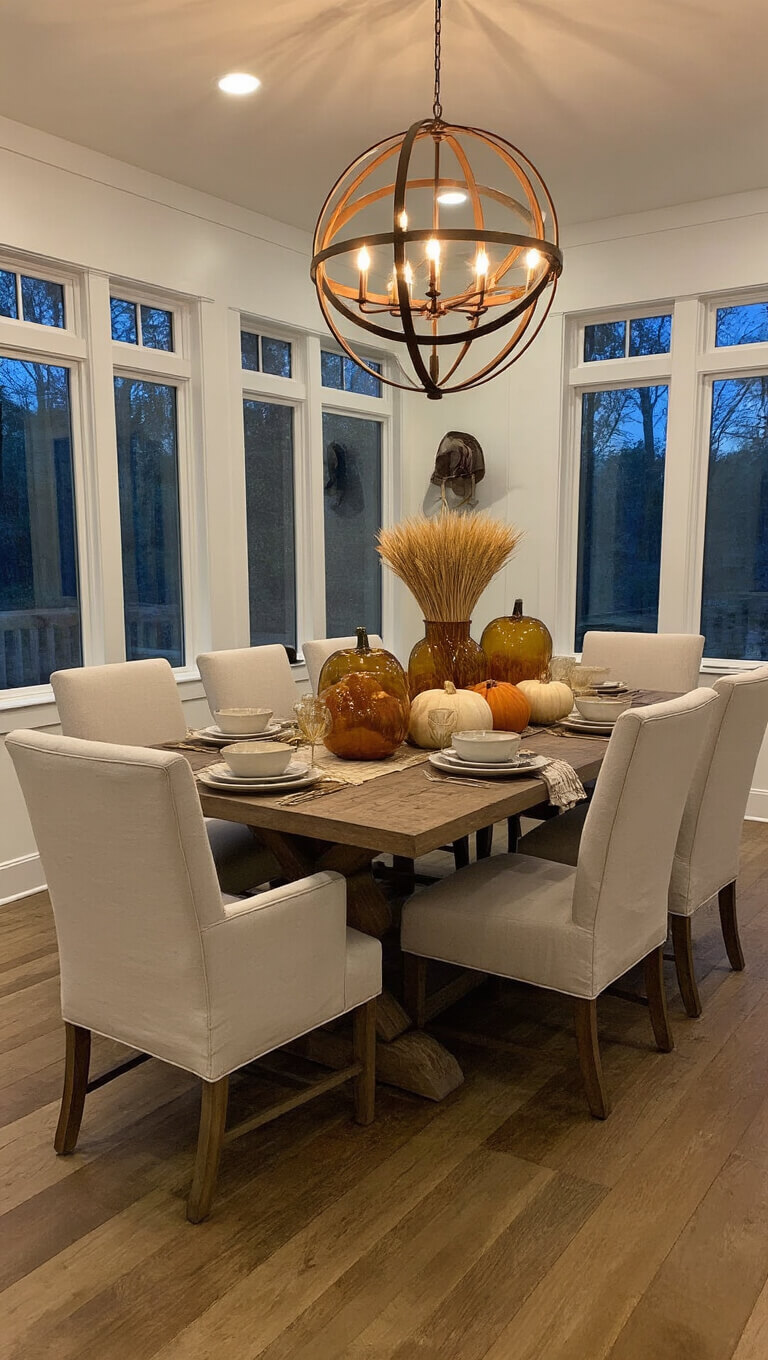 Open-concept dining area at dusk with autumn-themed harvest table, brass orb chandelier, heirloom pumpkins, and amber glass accents on wide plank pine flooring.