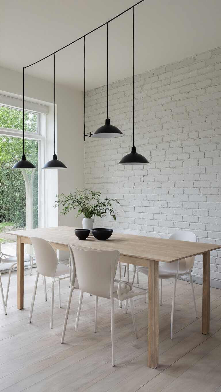 Minimalist farmhouse dining room with bleached oak table, ghost chairs, black pendant lights, white brick accent wall, and soft natural lighting.