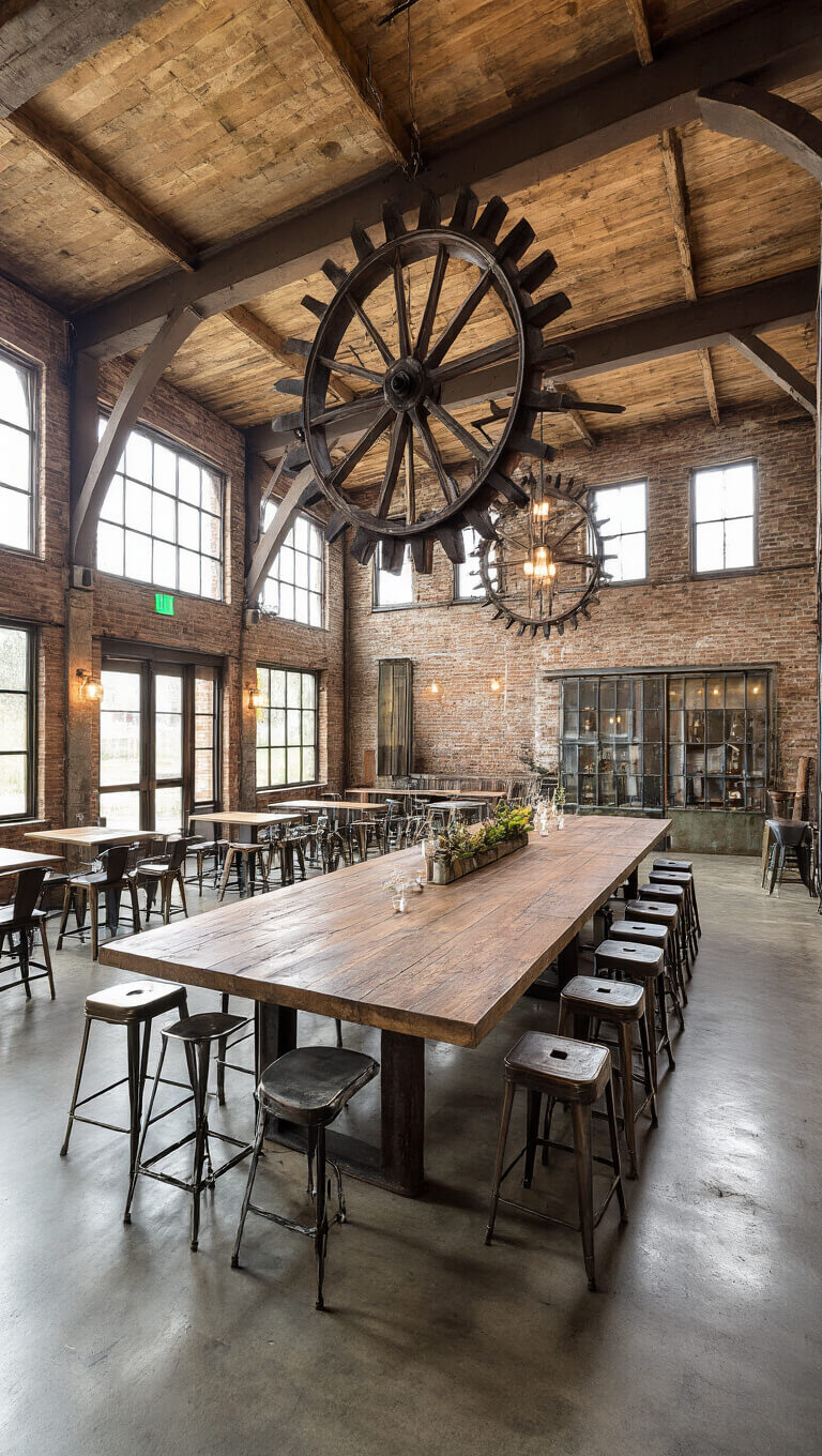 Wide-angle view of a converted barn dining space with 22ft cathedral ceiling, exposed original beams, large industrial wheel LED chandelier, reclaimed factory windows, mixed-metal finishes, long communal table seating 12 with vintage shop stools, and dramatic uplighting highlighting the beams.
