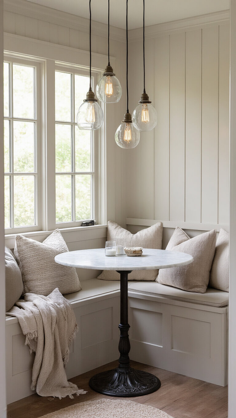 Cozy 8x10ft breakfast nook with built-in bench seating, round marble bistro table, vintage pendant lights, neutral pillows, and soft morning light.