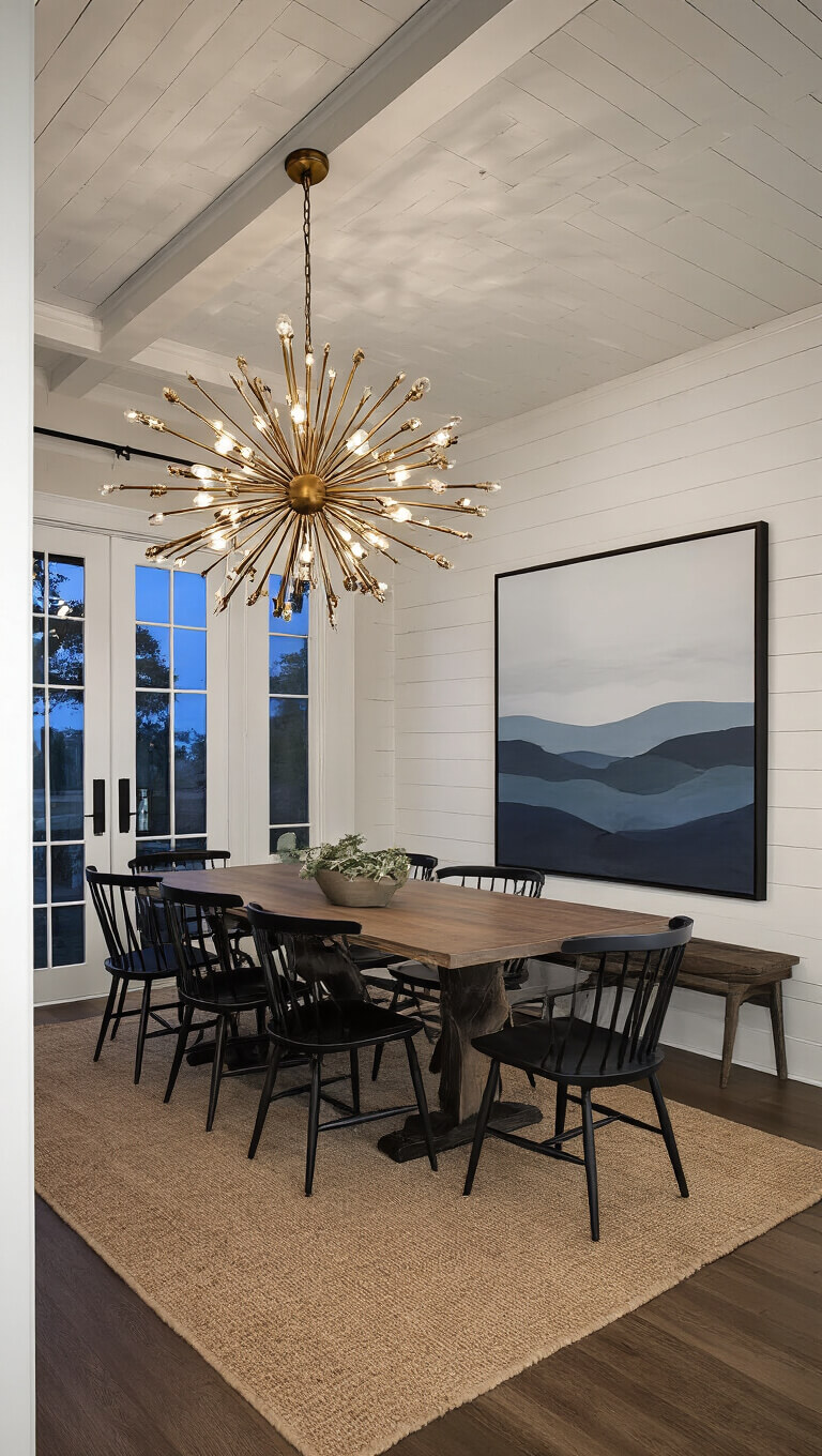 Elegant twilight dining room with aged brass sputnik chandelier, black Windsor chairs, shiplap ceiling, abstract landscape art, and wool sisal rug.