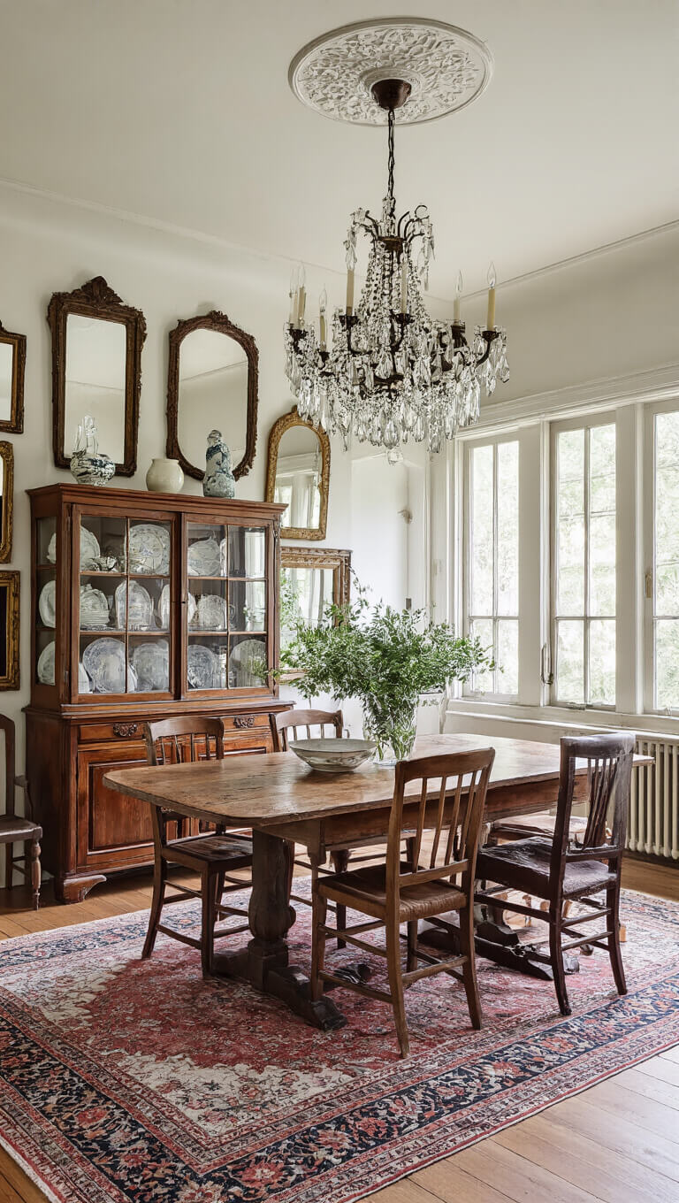Vintage-style dining room with restored crystal chandelier, antique mirrors, heirloom china cabinet, and muted Persian rug.