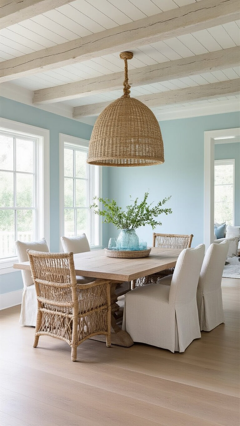 Coastal farmhouse dining room with whitewashed beams, rattan pendant, linen slipcovered chairs, pale blue walls, white oak floors, and beach glass display.