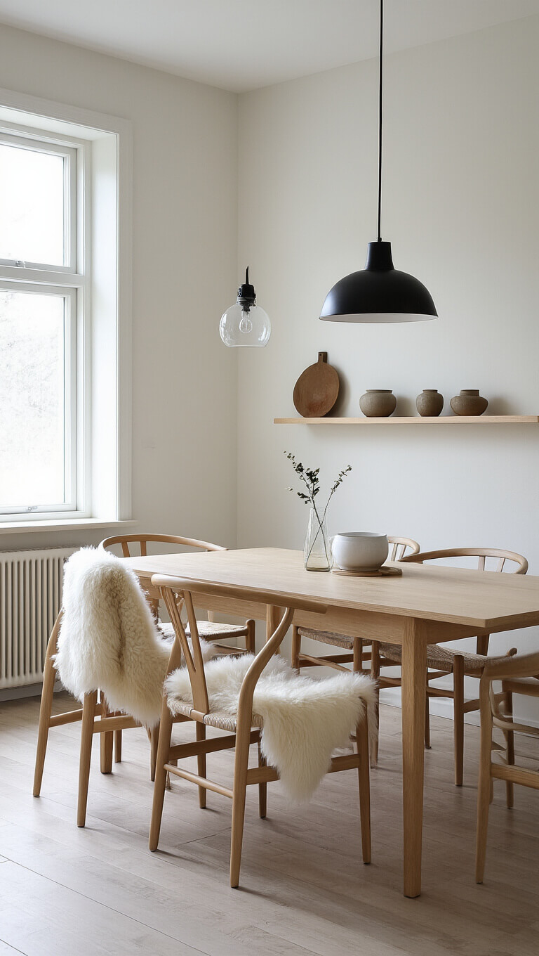 Minimalist Scandinavian dining area with white oak table, wishbone chairs, sheepskin throws, black metal pendant light, and floating shelf displaying ceramics.