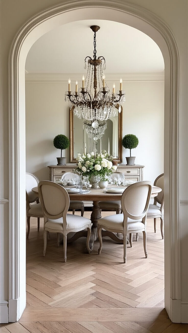 Elegant French farmhouse dining room with vintage chandelier, Belgian linen chairs, antique buffet, fresh flowers, and herringbone wood floors framed by arched doorway.