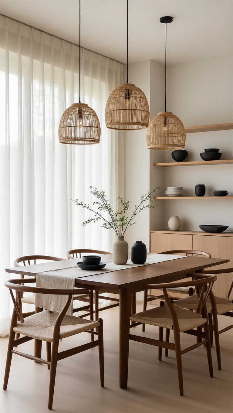 Serene 14x16ft dining room at golden hour with natural light, walnut 6-seat table, Japandi bamboo pendant lights, white plaster walls, light oak flooring, minimalist shelving, and ikebana centerpiece.