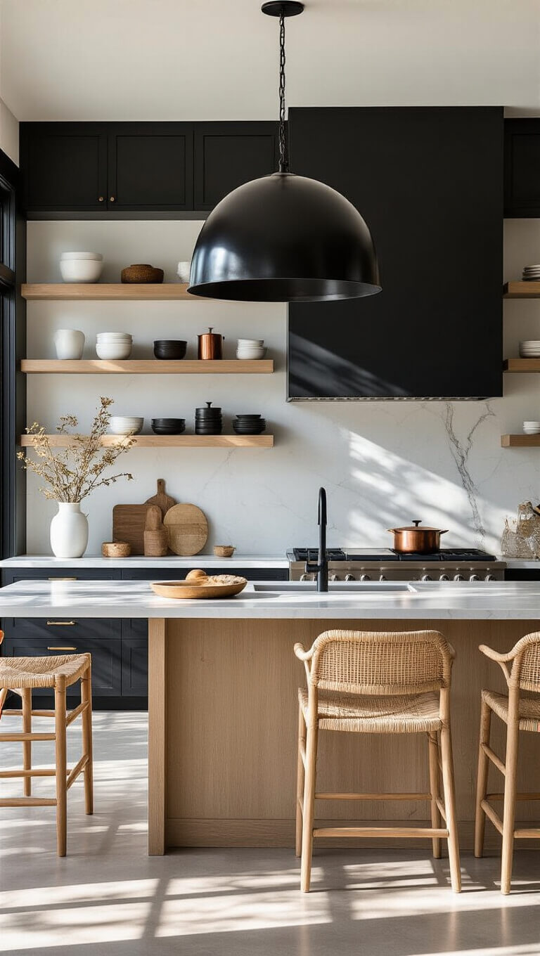 Modern Japandi kitchen with marble island, black cabinets, oak shelving, and dramatic morning light.