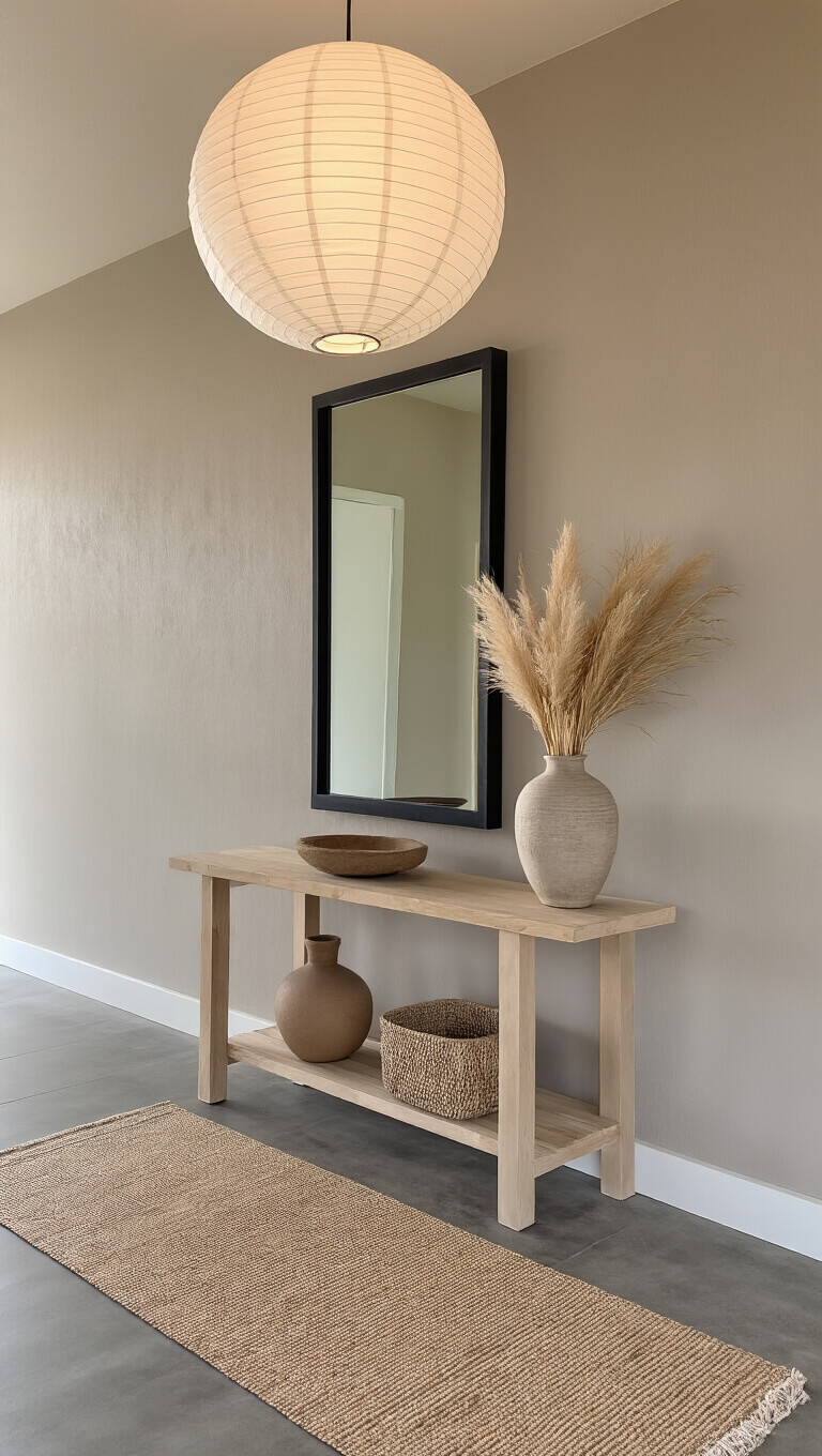 Minimalist 10x12ft entryway at dusk with oversized paper lantern, floor-to-ceiling mirror, bleached teak console table, ceramic vessel with pampas grass, geometric jute runner, and warm greige walls over concrete flooring.