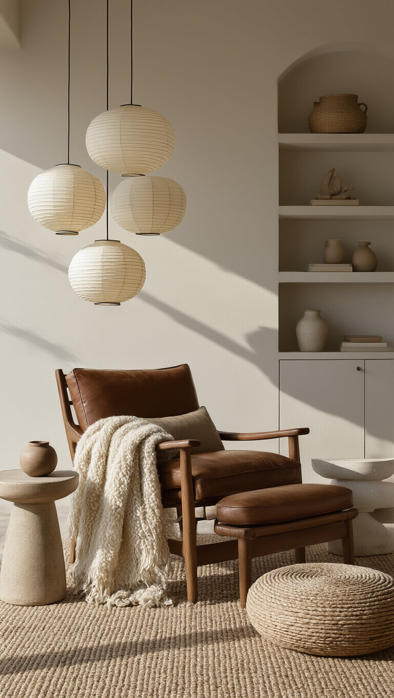 Living room corner with low leather armchair under staggered rice paper pendants, warm afternoon light casting shadows, surrounded by wool throw, woven floor cushion, and ceramic side table; built-in floating shelves with curated decor in background.