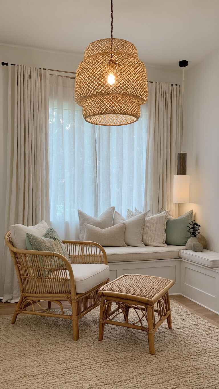 Cozy master bedroom reading nook with rattan chair and footstool beneath large woven pendant, bathed in blue hour and warm lighting, surrounded by linen drapes, wool rug, and soft neutral textures.