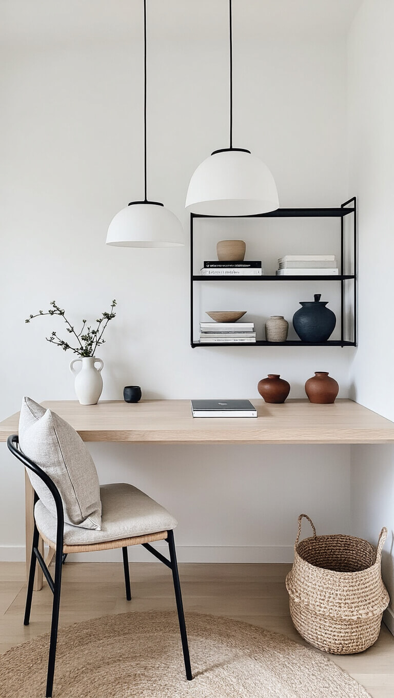 Minimalist home office with floating pale ash wood desk, asymmetrical black pendant lights, black metal shelves with books and pottery, and textural accents in linen, ceramic, and woven materials.