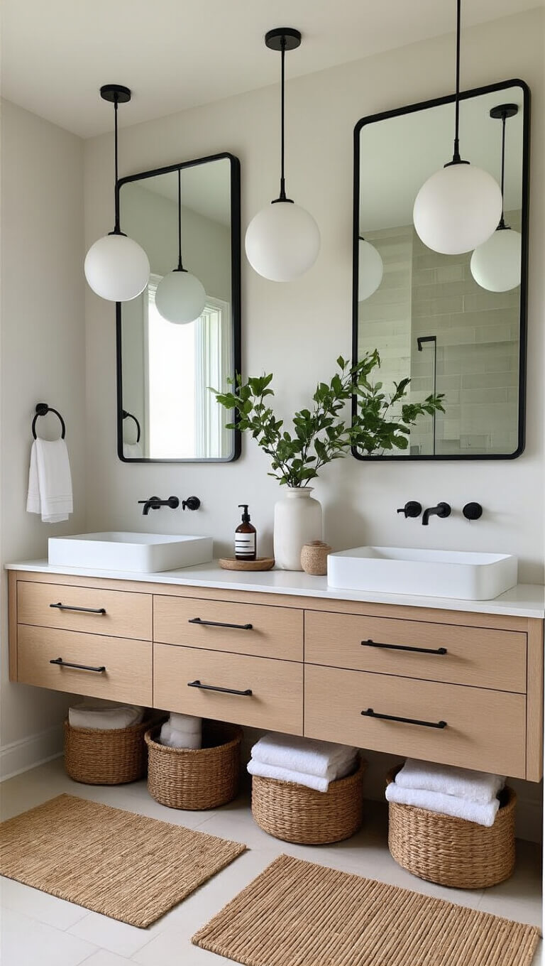 Spacious bathroom vanity with floating bleached oak double sink, matte black fixtures, paper globe pendants, and soft afternoon lighting.
