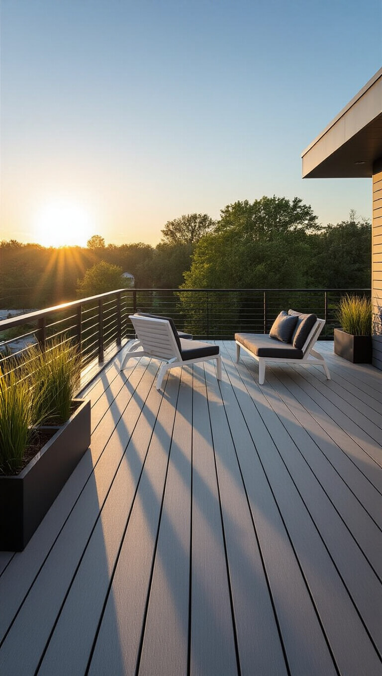 Modern minimalist elevated deck at sunset with slate gray decking, white lounge chairs, black railings, chrome planters, and soft LED lighting.