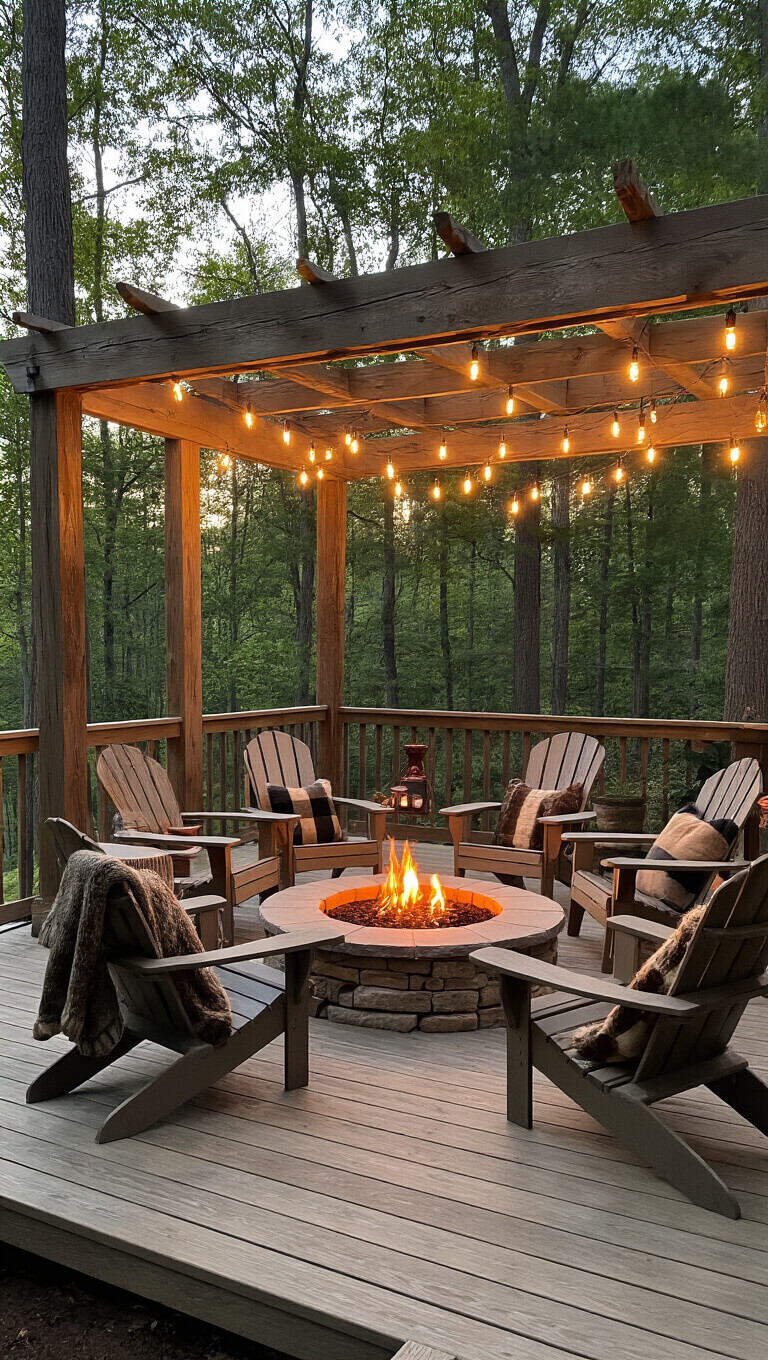 Cozy rustic deck with Adirondack chairs around a stone fire pit under a timber pergola with string lights, nestled among trees.
