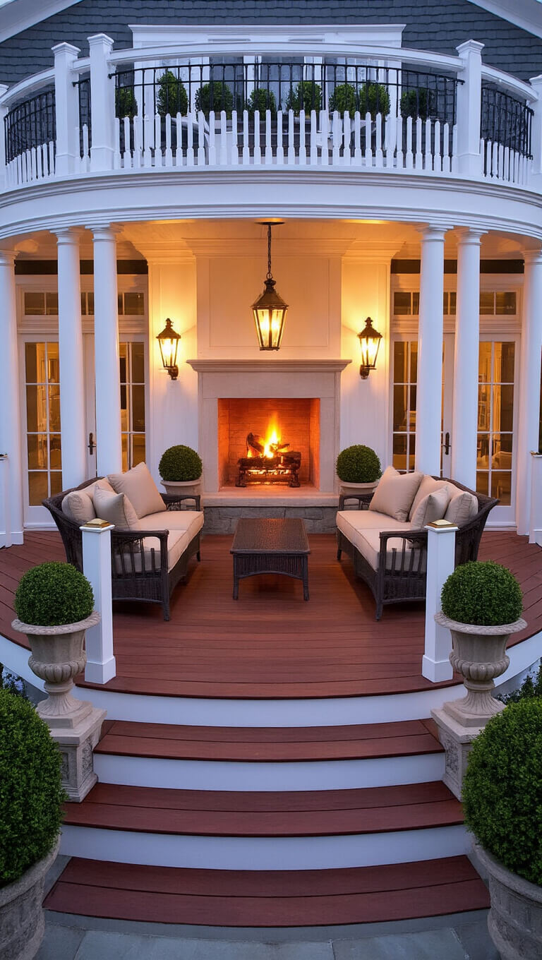 Ground-level view of elegant mahogany deck at dusk with curved staircases, white railings, twin beige sofas facing stone fireplace, brass lanterns glowing, and topiaries in classical urns.