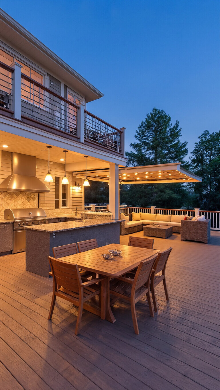 Twilight view of multi-level composite deck with outdoor kitchen, teak dining set, lounge area, and festive lighting.