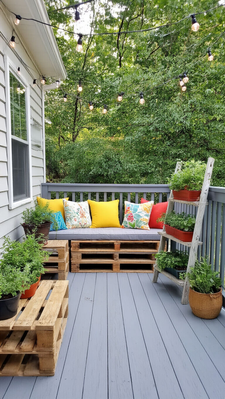 Cozy 15x12ft restored wood deck in morning light with gray railings, DIY pallet furniture, colorful cushions, potted herbs on ladder stand, and string lights overhead.