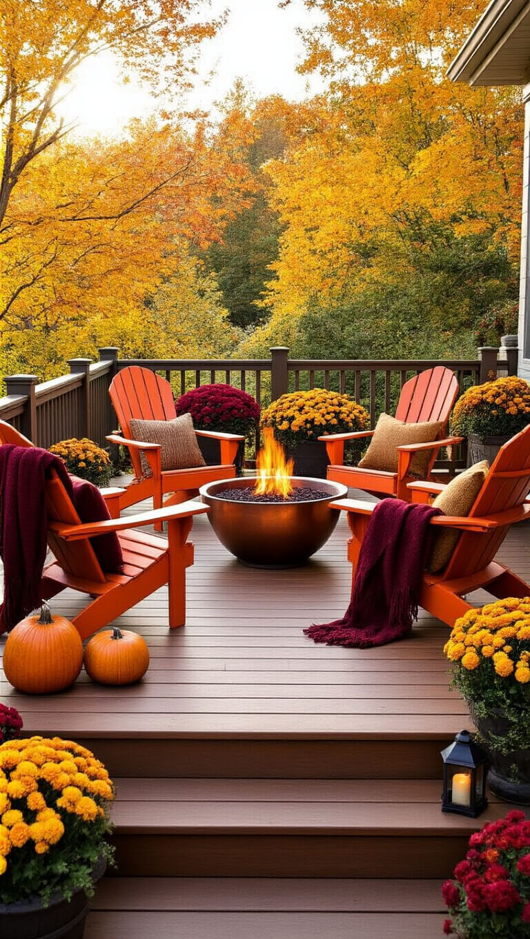 Autumn-themed cedar deck with orange Adirondack chairs around a copper fire bowl, draped in burgundy and gold throws, surrounded by pumpkins, lanterns, and overflowing mum planters in warm afternoon light.