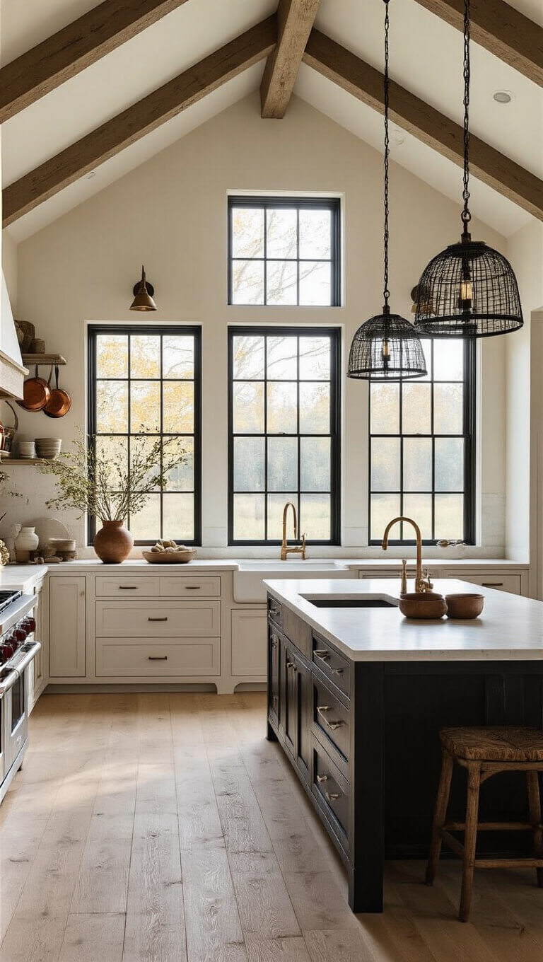Expansive farmhouse kitchen with vaulted ceiling, quartzite island, and vintage accents bathed in golden hour light.