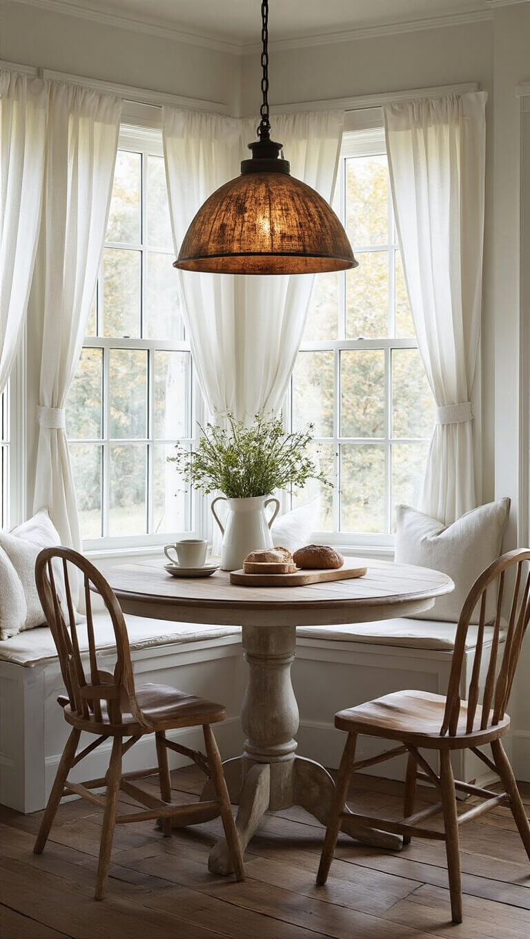 Cozy 8'x8' breakfast nook at dawn with glowing pendant light, round weathered oak table, Windsor chairs, and wildflowers in ironstone pitcher near hazy corner windows with white linen curtains.