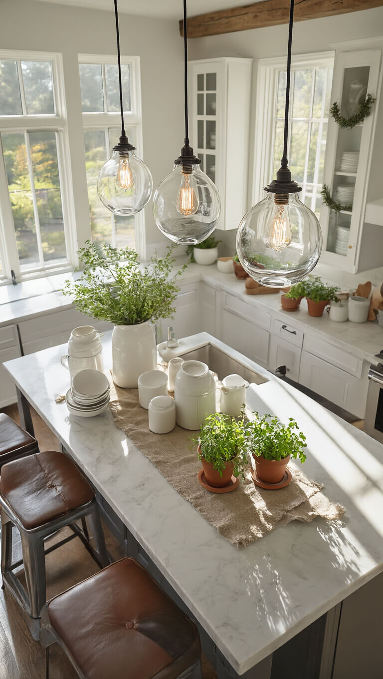 Overhead view of modern farmhouse kitchen island with honed marble countertop, clear glass pendant lights, white ceramics, linen runner, terracotta pots with fresh herbs, and leather industrial stools in warm afternoon light.